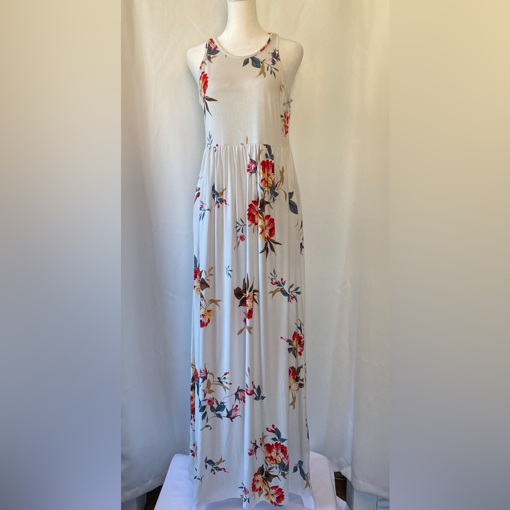 Women's Bohemian Floral Jersey Sleeveless
Racerback Maxi Summer Dress LG Pockets